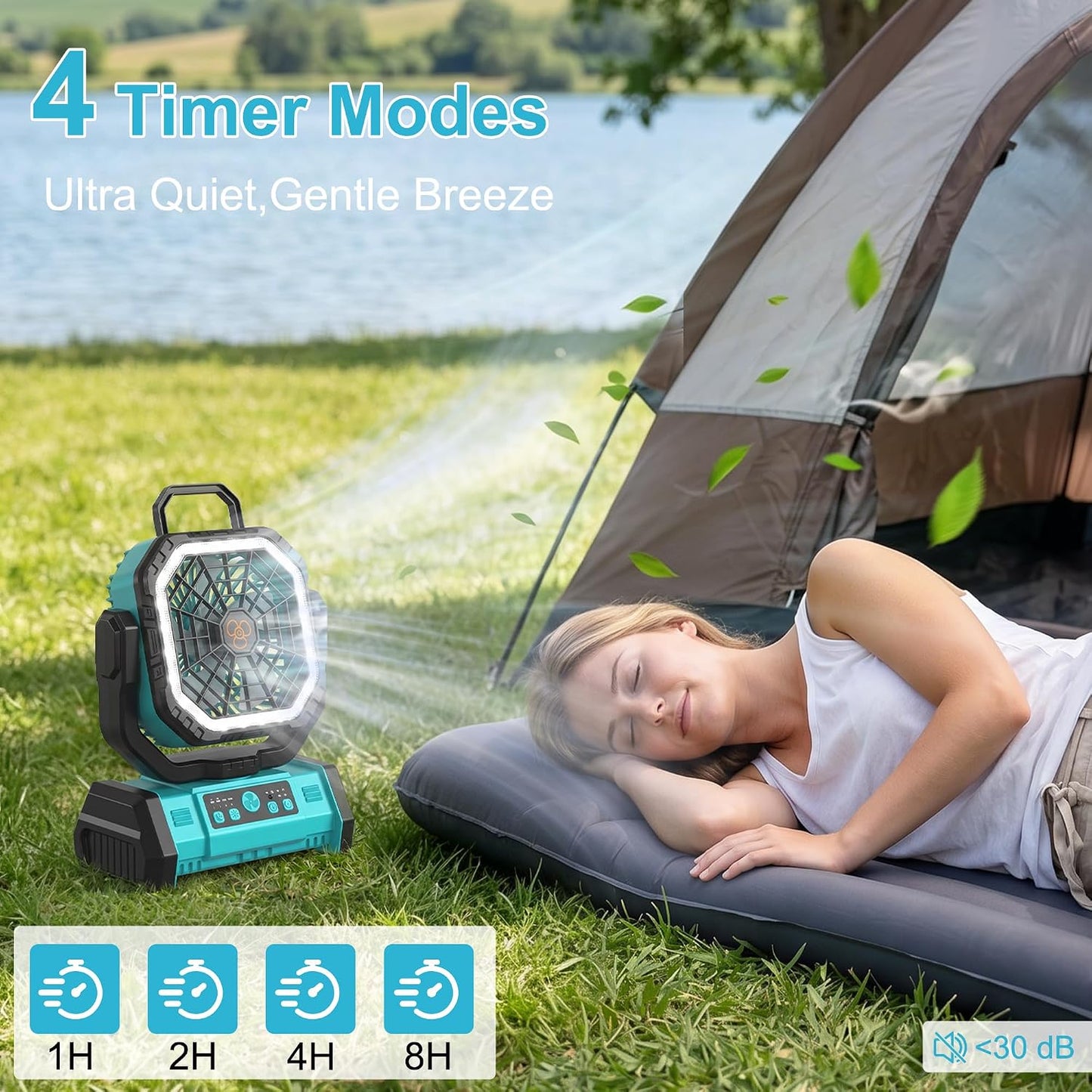 Honesorn 20000mAh Fan Portable Rechargeable with LED Light & Remote, Blue | Up to 60H Runtime, 45°/90°Oscillating, Hanging Hook, 4 Speeds, 8H Timer, USB-C Charging, for Camping, Tent, Travel, Outdoor
