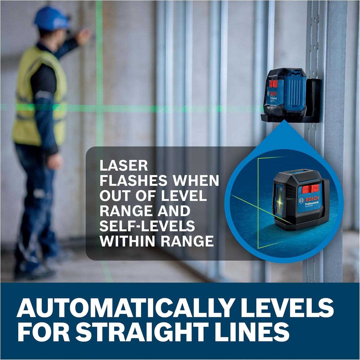 BOSCH GLL50-20G 50 Ft Green-Beam Self-Leveling Cross-Line Laser, Includes Integrated Magnetic Mount, 2 AA Batteries, & Soft Pouch