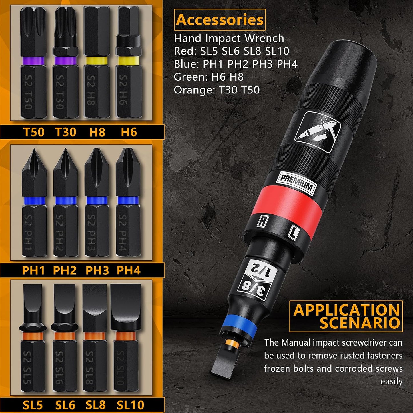 1/2" Hand Impact Screwdriver Set, 13 PCS Manual Reversible Impact Driver Kit, S2 Steel Bits Repair Tool, Disengage Rusted Fasteners or Frozen Bolts