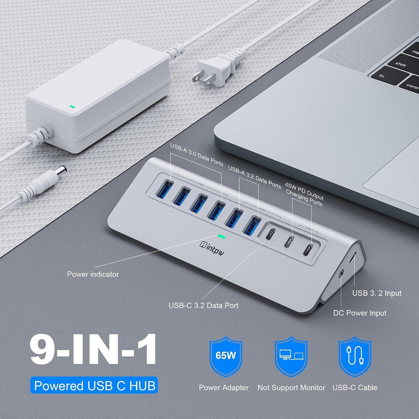 Powered USB Hub 10Gbps, intpw 9-Port USB 3.2 Hub, USB C Hub with USB A/USB C 3.2, 4 USB 3.0, 2 PD 45W Charging Ports, 65W Power Adapter and 3.3FT Cable, Aluminum USB Hub for PC,Laptop,iPhone 17/16/15