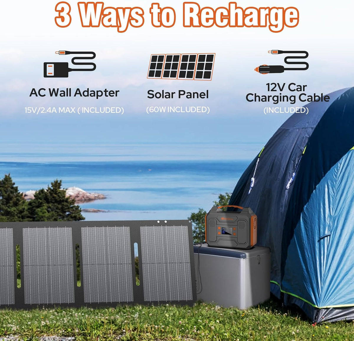 Portable Solar Generator 300W Portable Power Station with 60W Solar Panel | 110V Pure Sine Wave 280Wh Battery Solar Power Pack with USB QC3.0 DC AC Outlet for Camping Smart Device RV Van Outdoor-Orange
