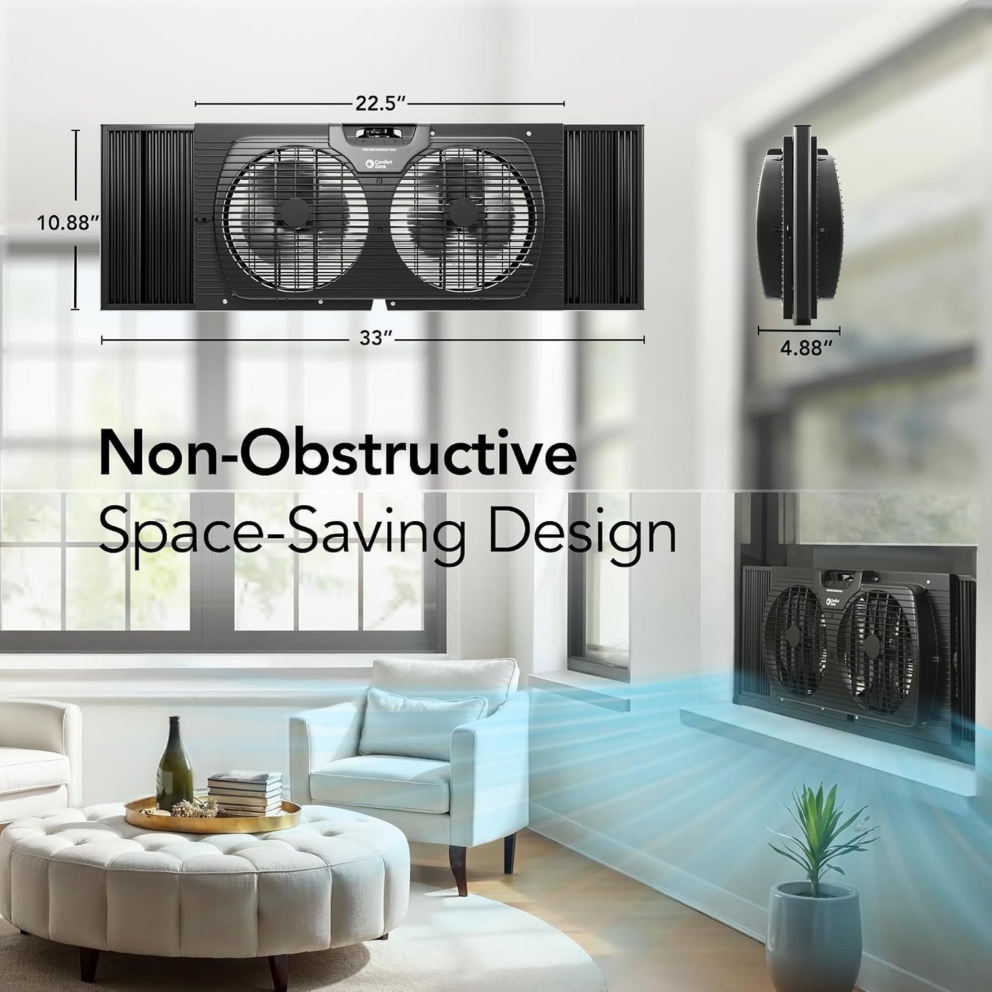Comfort Zone Window Fan for Bedroom, 9 inch 3 Speed Dual Fans with Auto-Locking Expanders, Window Exhaust Fan, Removeable Bug Screen, Black