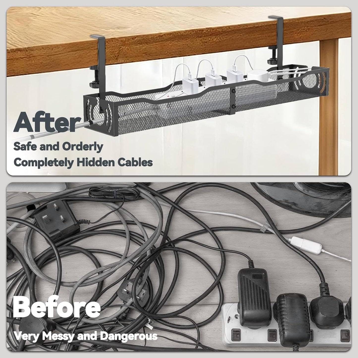 Cable Management, 25.3'' Under Desk Cable Management Tray No Drill | Metal Cable Organizer with Clamp for Wire Management, Cord Organizer for Home Office, Desk Accessories Organizer, Black