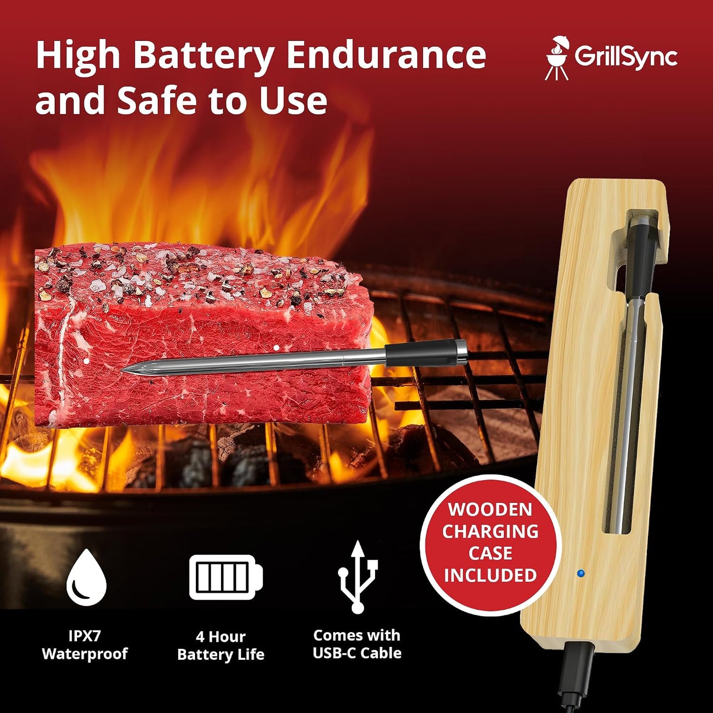 Grill Sync Wireless Meat Thermometer for Grilling, Smoking, Bluetooth | Dual Sensor Probe, Smart App Control for Grill, Smoker, Oven, Air Fryer, Waterproof Probe, USB-C Charging Case, Cooking