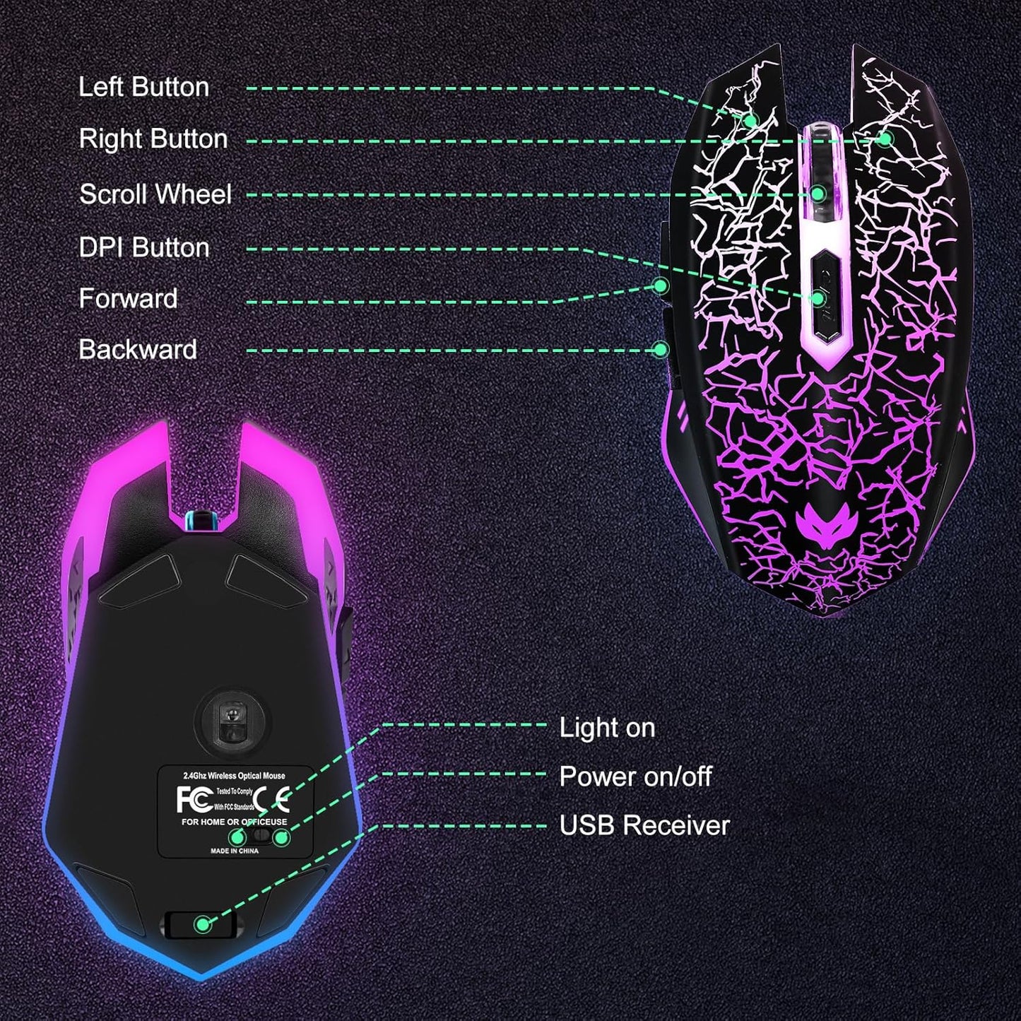Wireless Gaming Mouse, Rechargeable Wireless Computer Mouse, 7-Color LED Light, Ergonomic Mouse with 6 Silent Click Buttons, 3 Adjustable 2400 DPI Wireless Mouse for Laptop,PC,Mac, Black