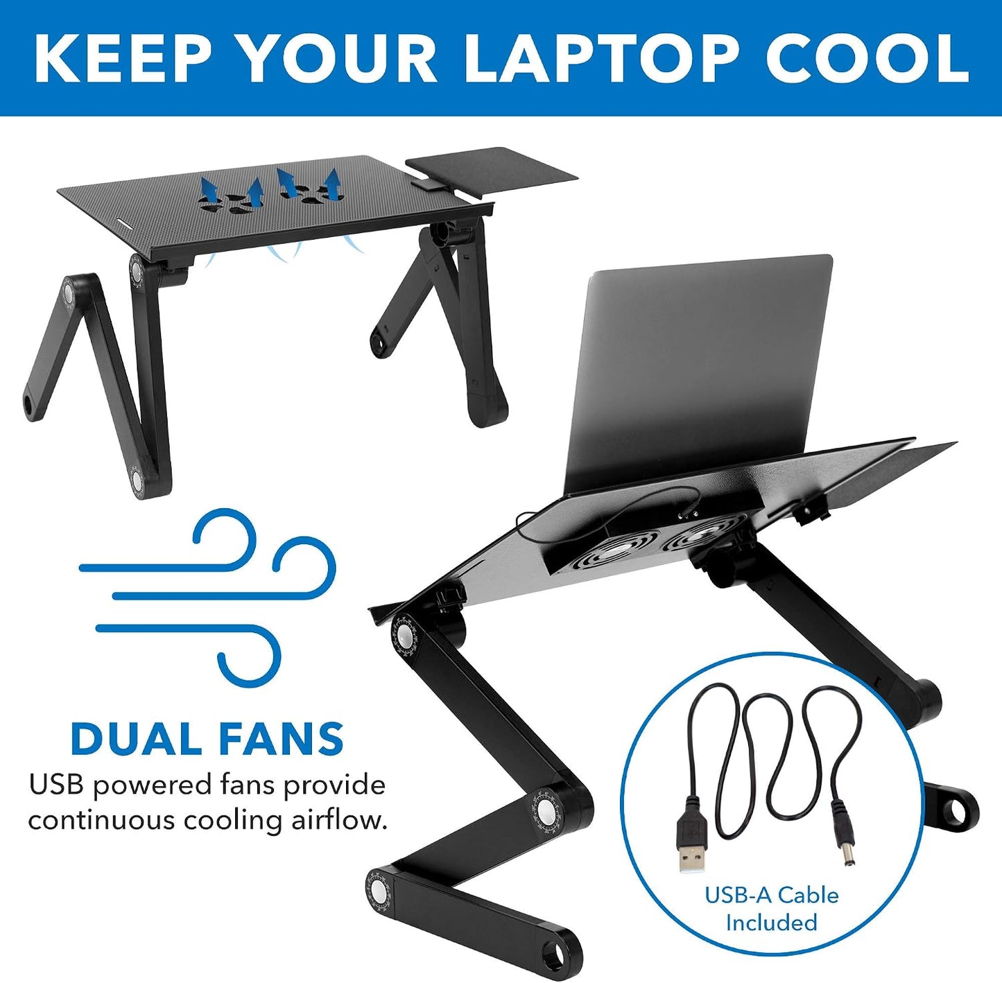 Mount-It! Adjustable Laptop Stand & Lap Desk with USB Cooling Fans, Large Aluminum Laptop Tray with Mouse Pad, Portable Sit-Stand Laptop Desk for Bed, Couch & Table