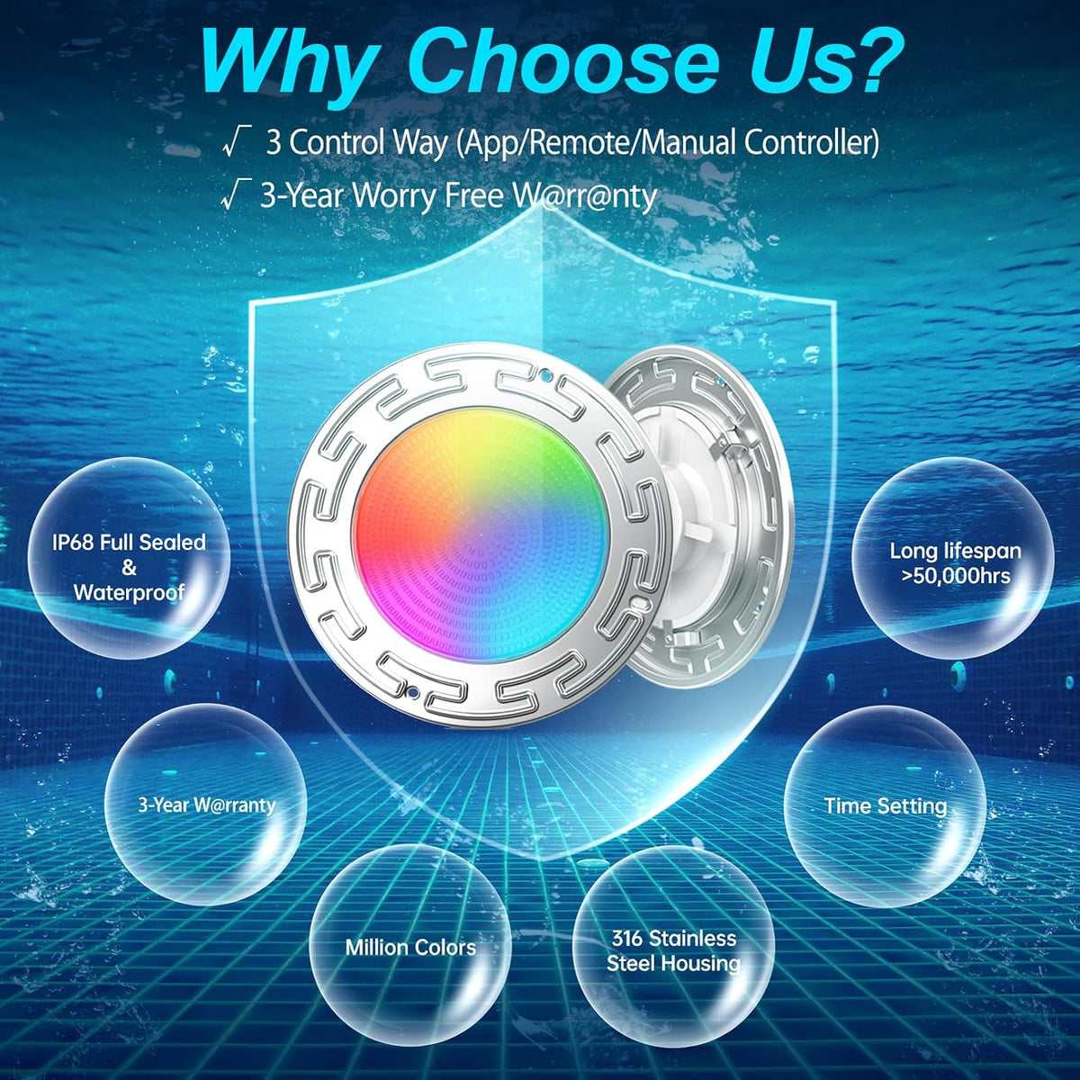 60FT 10Inch 60W Led Smart Pool Lights for Inground Pool with 3 Control Way (App/Remote/Controller), Led Color Changing Underwater Swimming Pool Light for 10" Large Wet Niches