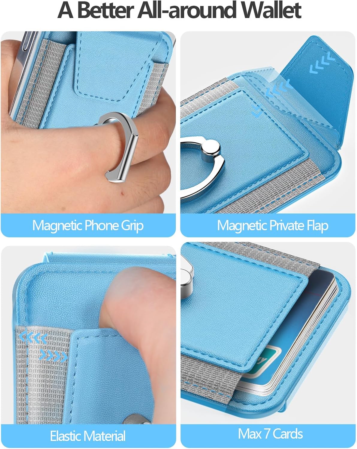 for Magsafe Wallet with Grip, 6-Card Holder; Stronger Magnetic Phone Wallet | Magnetic Card Wallet Holder for iPhone 17/16/15/14/13/12 Series, Privacy Flap, RFID Blocking, Sky Blue