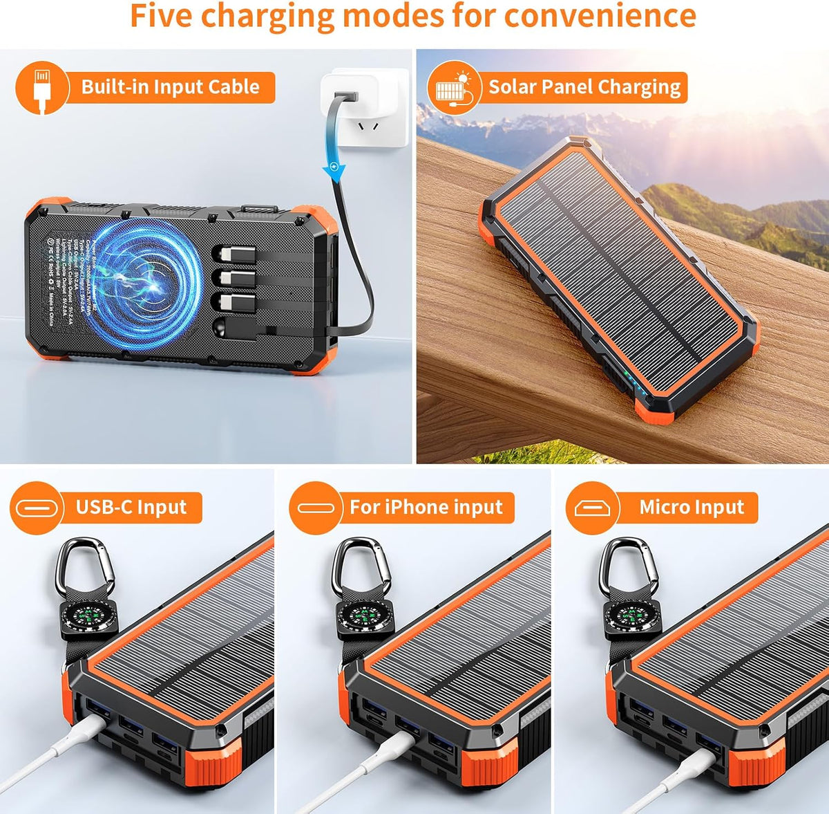 Solar Charger Power Bank 20000mAh Wireless Charger QC 3.0 Fast Charging Power Bank 8 Outputs 4 Inputs Solar Portable Charger Compatible with All Mobile Devices,SOS/Strobe/Strong Flashlights (orange)