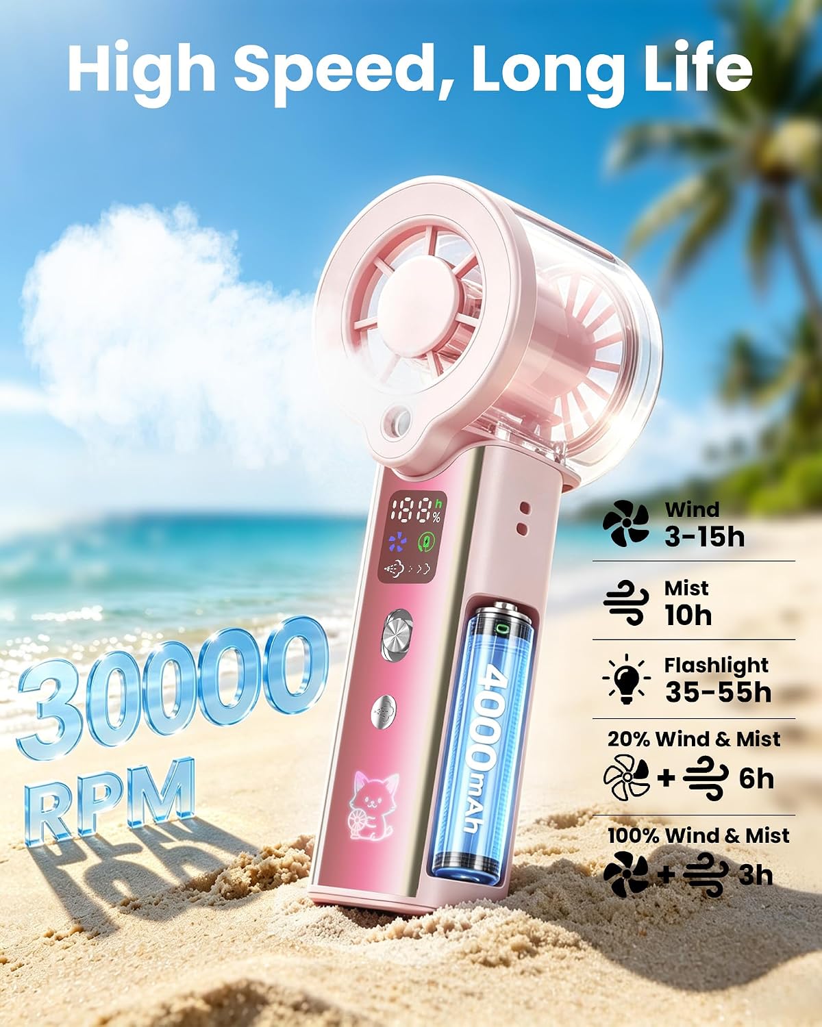 Portable Misting Fan with Mist, 3-in-1 Rechargeable Handheld 4000mAh | Adjustable mist mode, 100-speed wind control, LED display, power bank function, 30000RPM, compact & lightweight