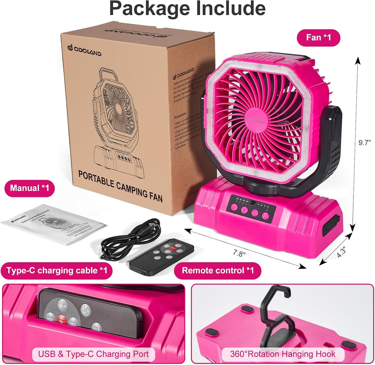 Odoland Portable Camping Fan with Light, 20000mAh Rechargeable Battery Fan | Desk Fan with Auto Oscillation, Timer, Remote, 360° Rotation Hook, 4 Speeds for Power Outage Travel Home, Pink