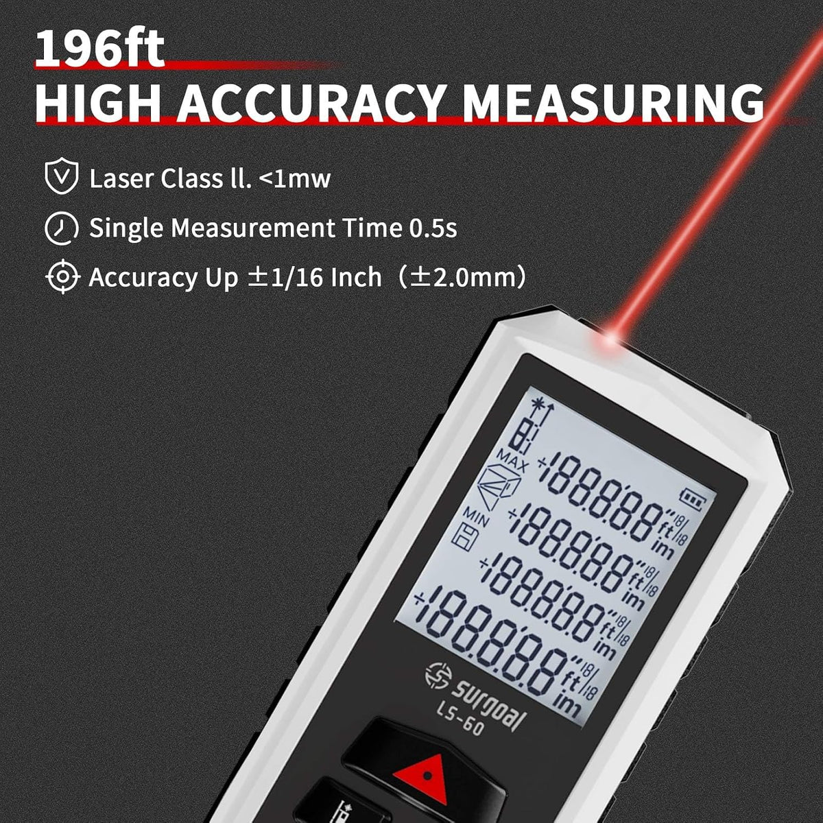 Laser Distance Measure Backlit LCD Measuring Tool 196FT | ±2mm Accuracy M/in/Ft, Area / Volume / Pythagorean, Includes AA Batteries, Home Decor, DIY Woodworking Indoor Projects Gift
