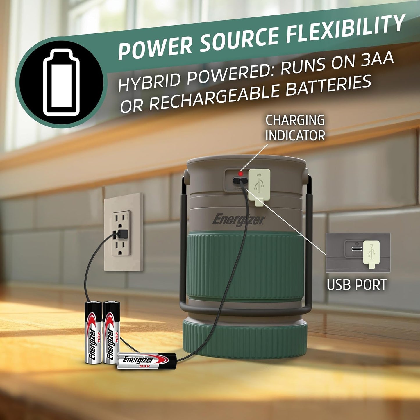 Energizer S-500 Hybrid Power Camping Lantern, Solar, Rechargeable, or AA Battery Powered, IPX4 Water Resistant Bright LED Lantern