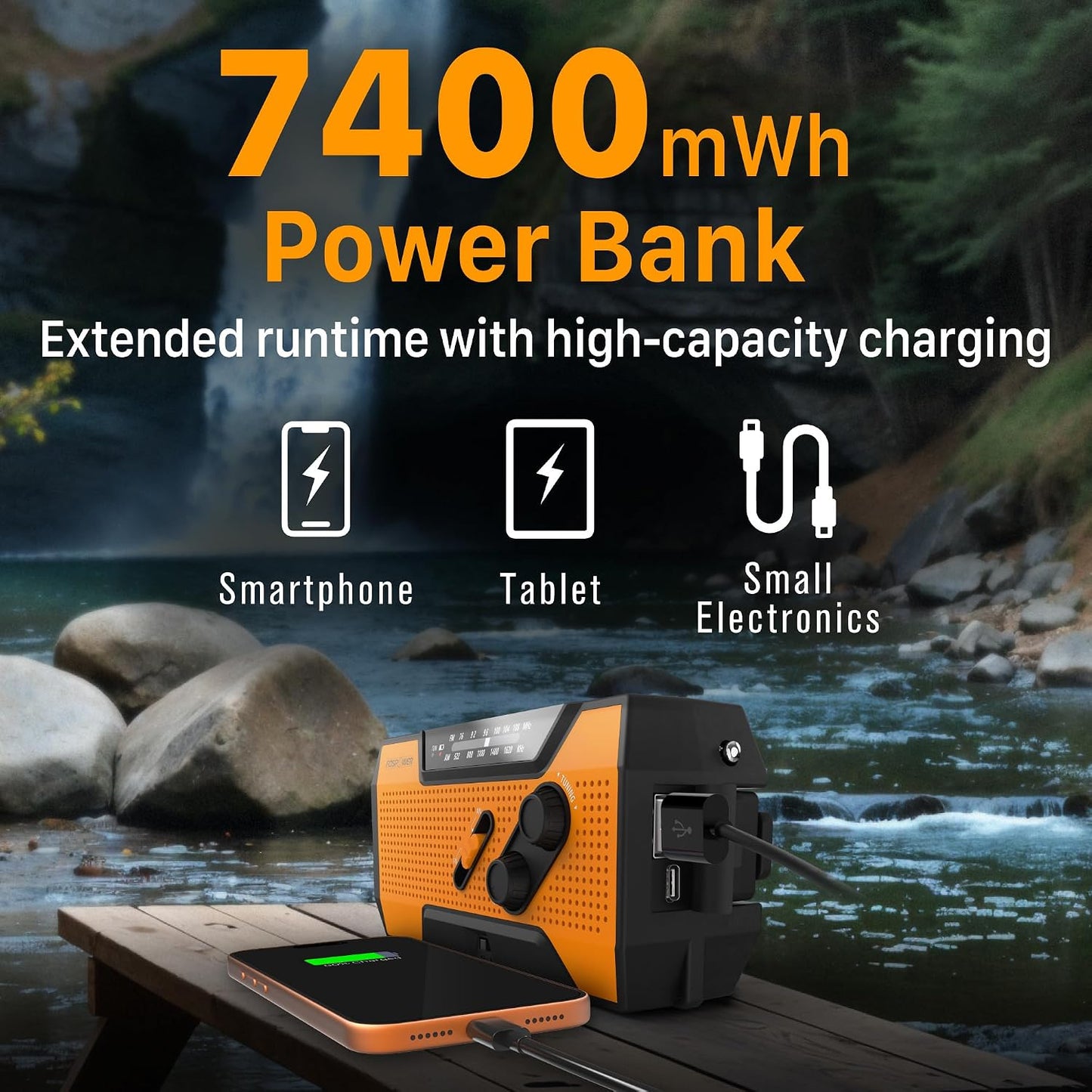 FosPower NOAA Emergency Weather Radio A1 7400mWh Portable Power Bank, AM/FM, USB/Solar/Hand Crank Charging, Battery Operated, SOS Alarm & Flashlight for Indoor/Outdoor Emergency - Orange