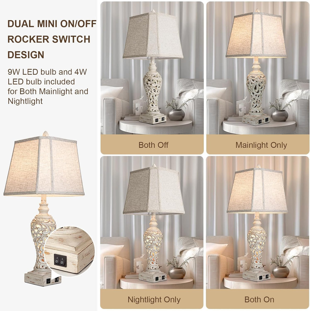 LuxSight Collection 28.5" Table Lamps Set of 2 with Nightlight for Bedroom