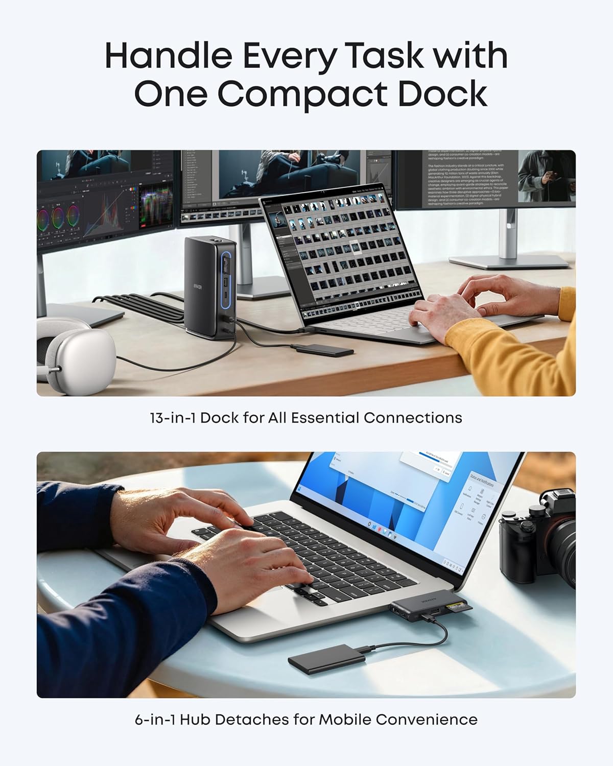 Anker Nano Laptop Docking Station, 13in1 Dock with Detachable 6in1 USBC Hub | 3 Display USB C Dock (2 HDMI+1 DP), 10 Gbps USBC, 3 USBA, Audio, SD/TF, Ethernet, 100W Max PD for Dell/Lenovo/HP Home Office