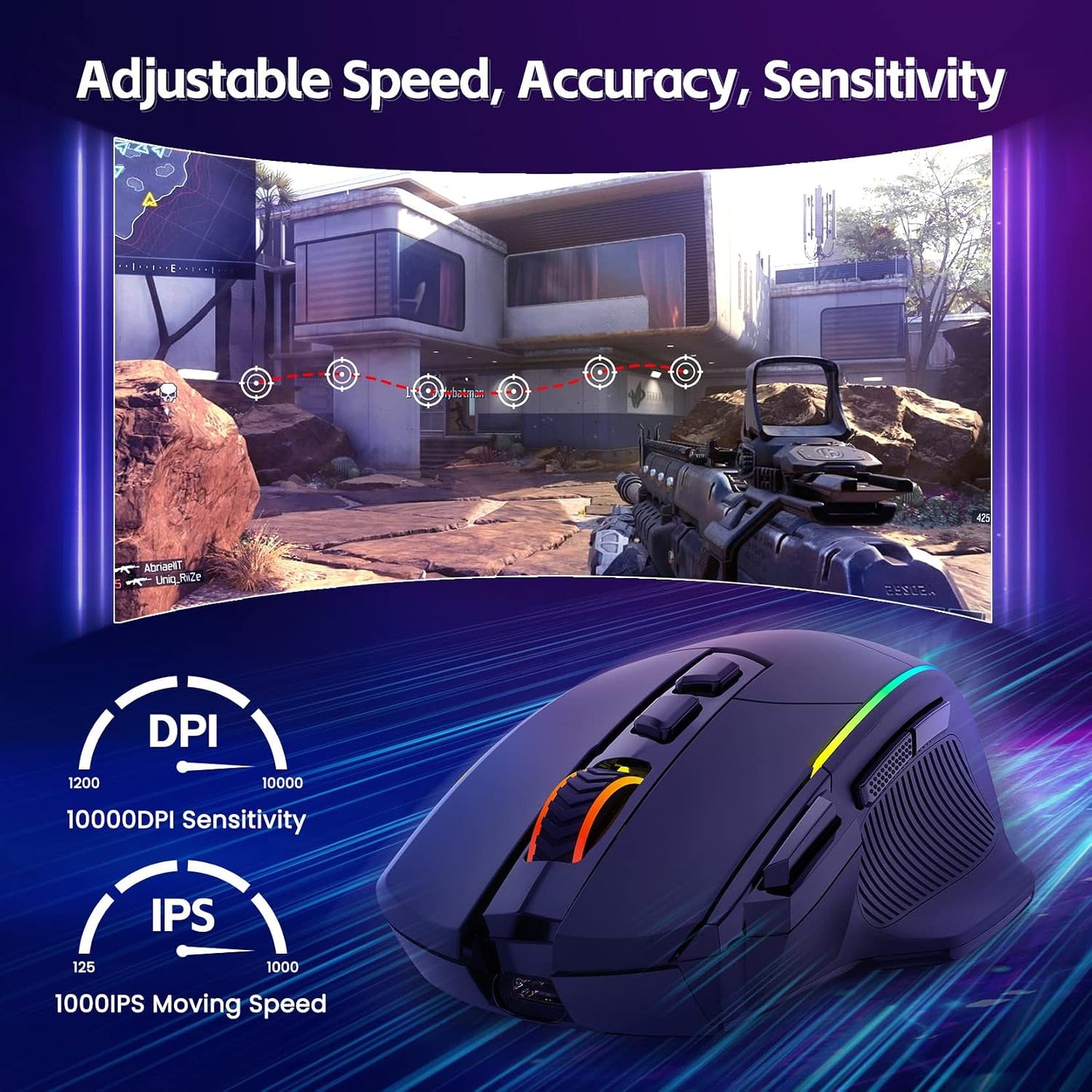RisoPhy Wireless Gaming Mouse, 3-Mode 2.4G/USB-C/Bluetooth with RGB Backlit | 6 Level 10000DPI, Ergonomic Design, 8 Programmable Buttons, 58H Capacity Rechargeable, Computer Mouse for PC/Mac/Laptop