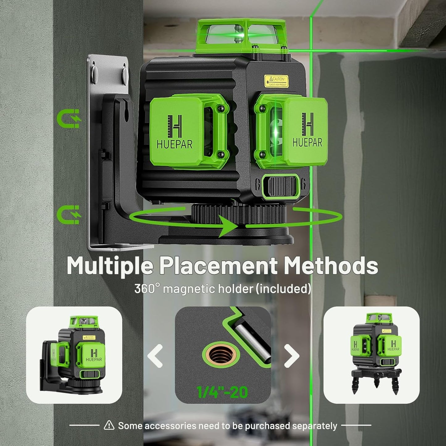 HUEPAR Laser Level 360 Self Leveling, Rechargeable 3D High Brightness Green Laser 3x360° Best Laser Leveler Tool for Construction and Picture Hanging, Strong Magnetic Bracket & Hard Suitcase