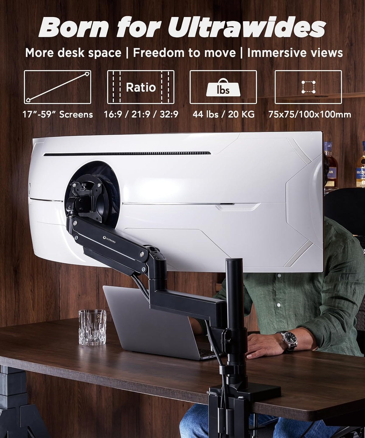 ULTRARM Heavy Duty Monitor Arm for Ultrawide Monitors up to 57" and 44 lbs, Single Desk Stand, Pneumatic Height Adjustable, Modular Extension Arms - Max VESA 100x100, Black, MA20P-S