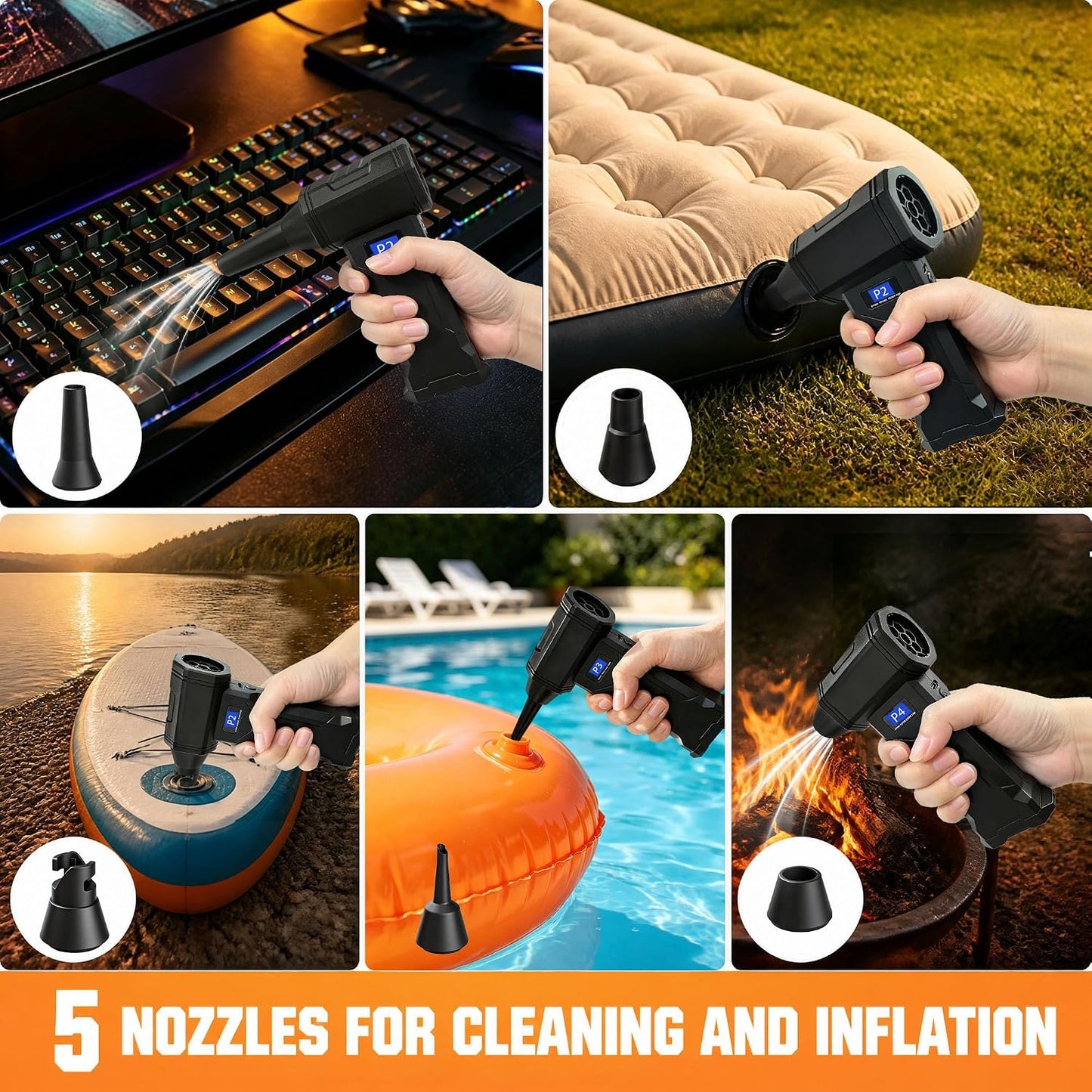 Compressed Air Duster, 130,000 RPM Electric Air Duster with Brushless Motor, 4-Speed Rechargeable Cordless Blower, Digital Display, LED Light and 5 Nozzles for Computer, Keyboard and Car
