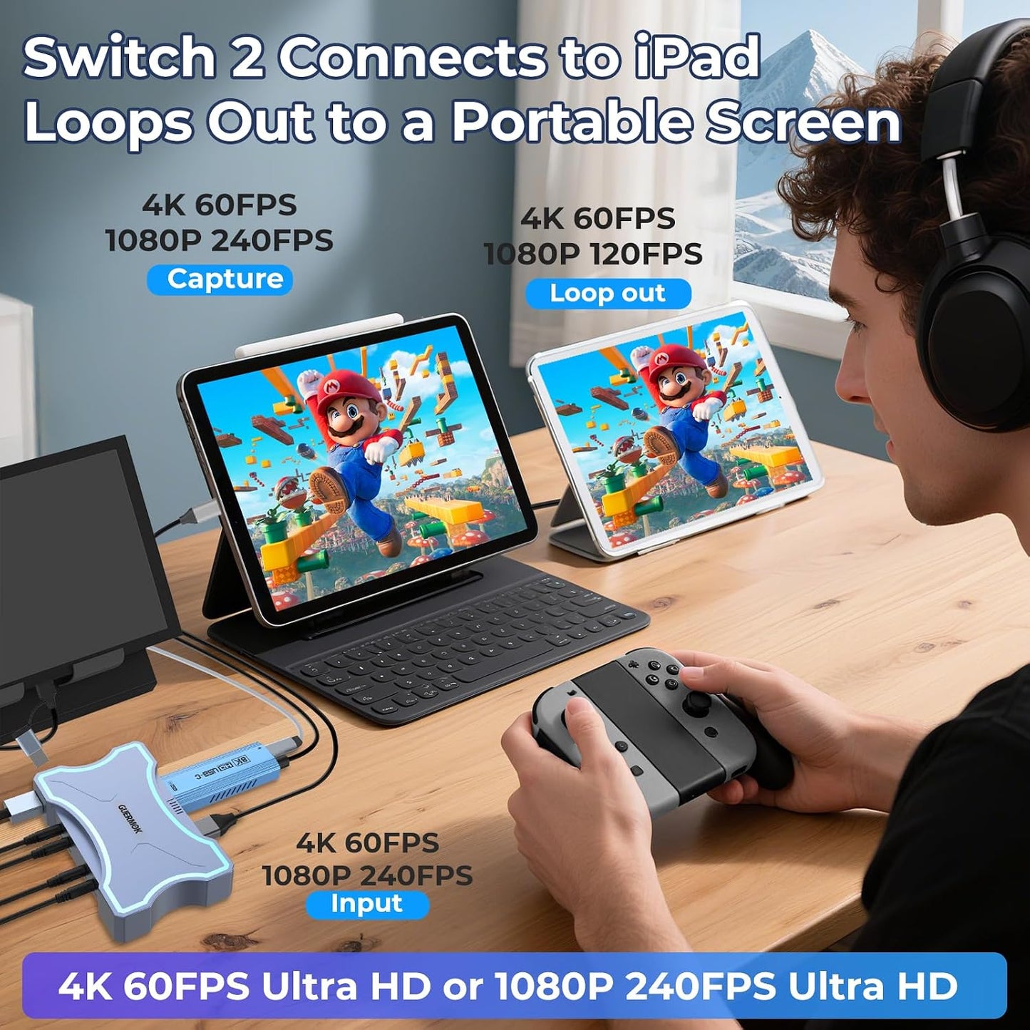 Guermok 4K@60Hz/ 2K@120Hz HDMI Video Capture Card with Touch LED, USB 3.0 | HDMI In/Loop-Out, Mic/Line In, 4K60 Passthrough, Live Game Capture for OBS Video Streaming, PS5/4, Xbox and Switch2/1 Gaming