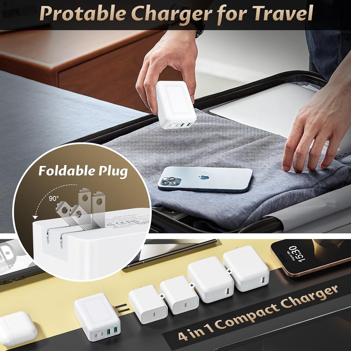 2Pack Flat USB C Charger Block, 40W 4Port Foldable+Slim Fast Charger Block | Wall Plug, Thin Type C Cube Box for iPhone 17 Pro Max 16 16e 15, Samsung S25 S24, Pixel, Tablets, Multiport Power Adapter
