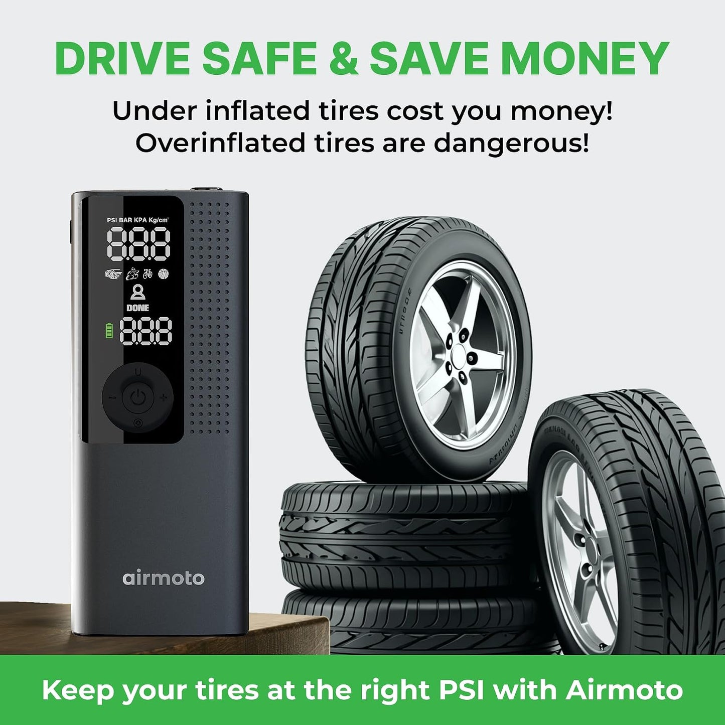 Airmoto Tire Inflator Portable Air Compressor for Cars, Bikes and Bicycles | Cordless Air Pump with Digital Pressure Gauge, Bright LED & Auto Shut-Off, Works on All Tires and Inflatables