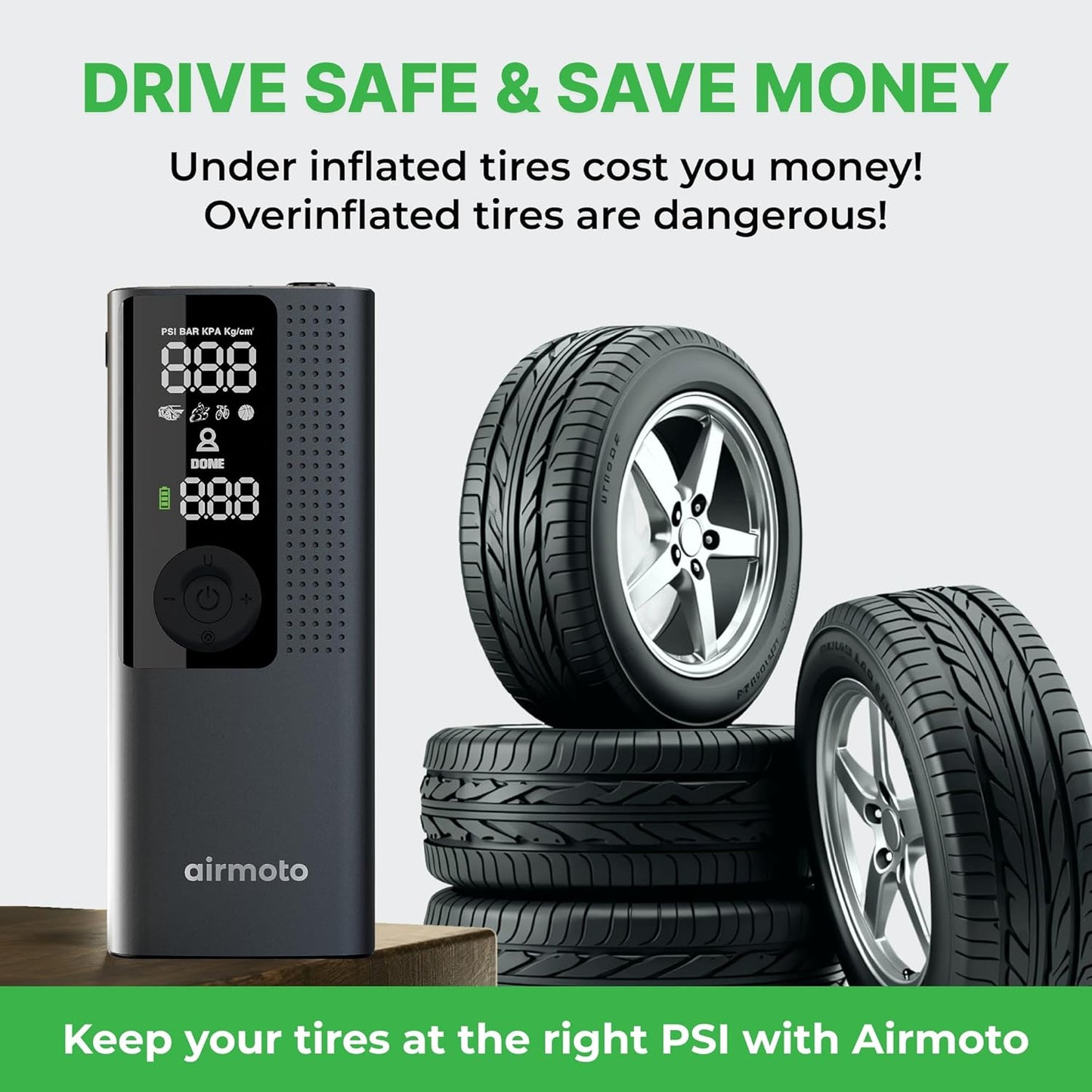 Airmoto Portable Tire Inflator and Car and Home Charger Bundle | Cordless Inflator with Digital Pressure Display, Power Kit Included for Car and Home Charging