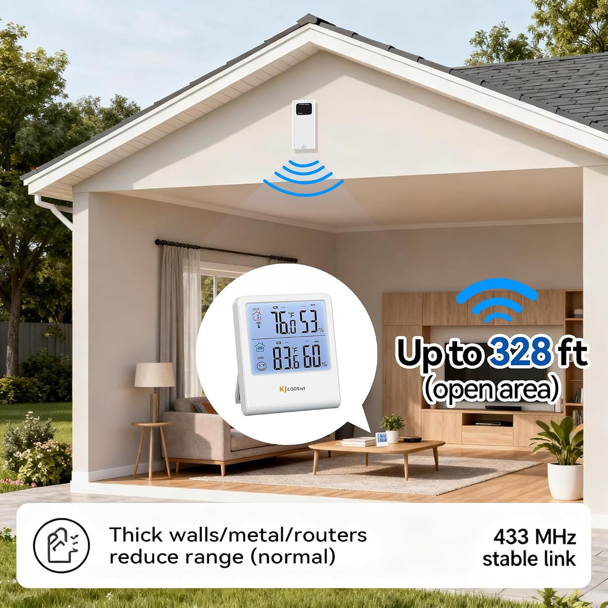Indoor Outdoor Thermometer Hygrometer with Wireless Sensor, 328 ft Range