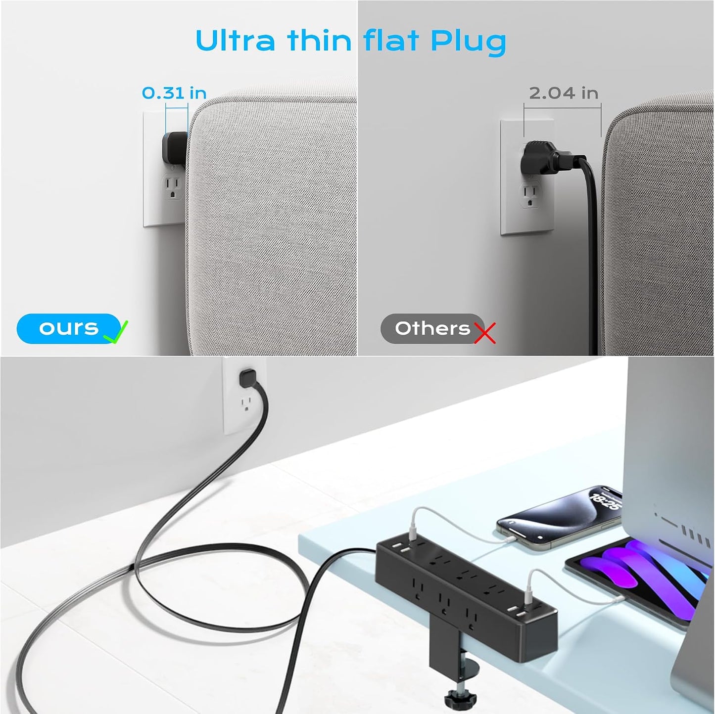 Desk Clamp Power Strip 10FT, 40W Total Fast Charging Station | 9 AC Outlets 8 USB Ports(4 USB C), 2 PD20W USB C Ports, Flat Plug Extension Cord, Desk Edge Mount, Fit 1.7" Tabletop Edge