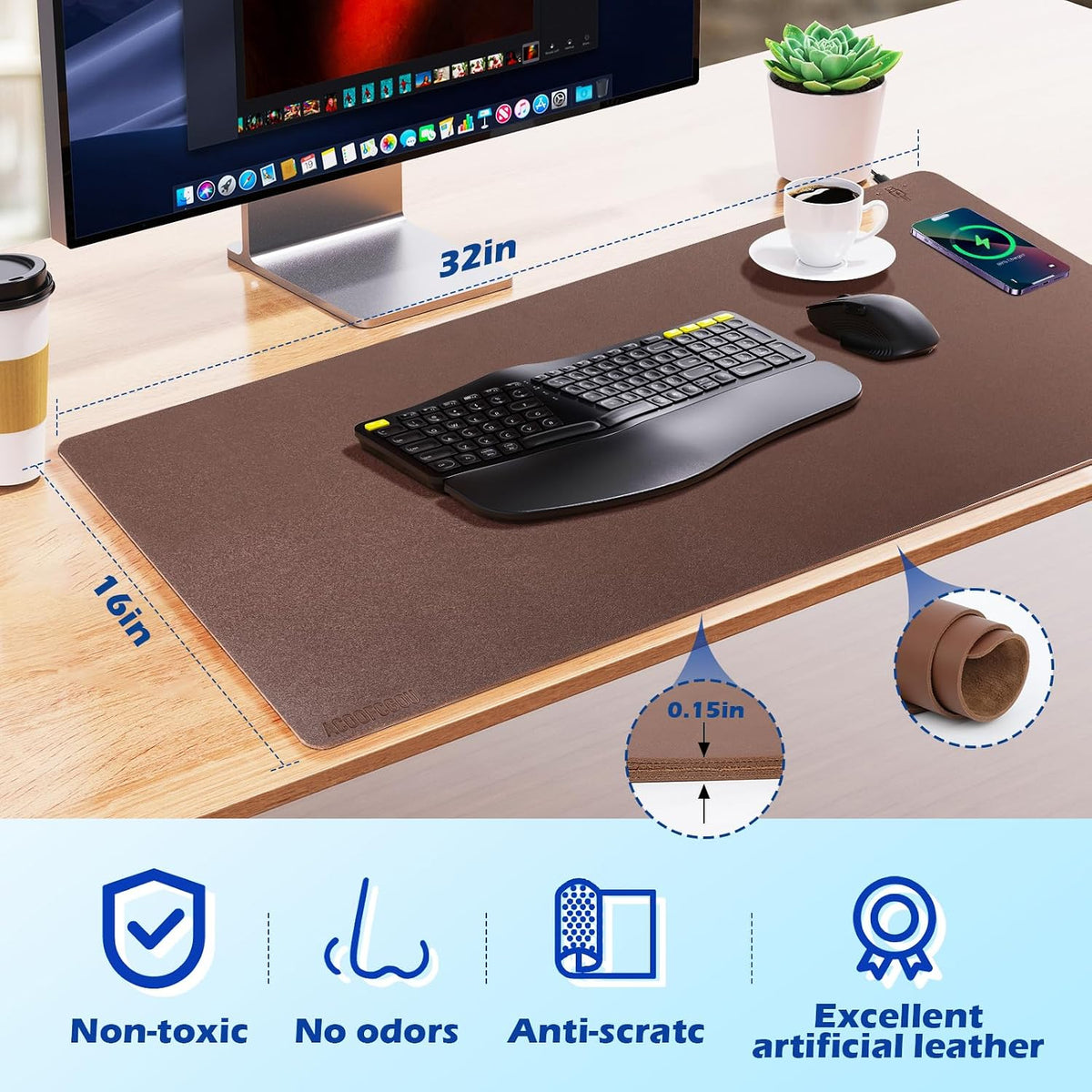 Wireless Charging Desk Mat, Mouse Pad, Brown-R, 32 * 16inch