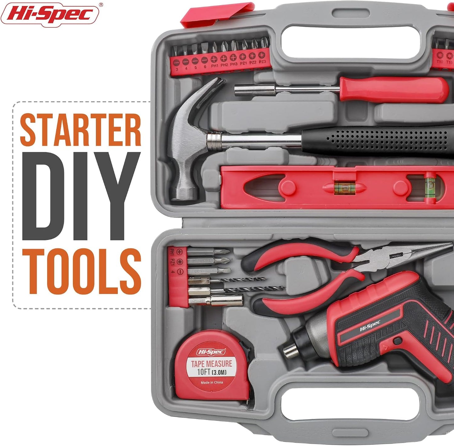 Hi-Spec 3.6V USB Electric Screwdriver for Home Repairs and Assembly, Red | 35pc, fast assembly help, common screw bit selection, LED visibility, compact grip, quick household fixes, organized storage