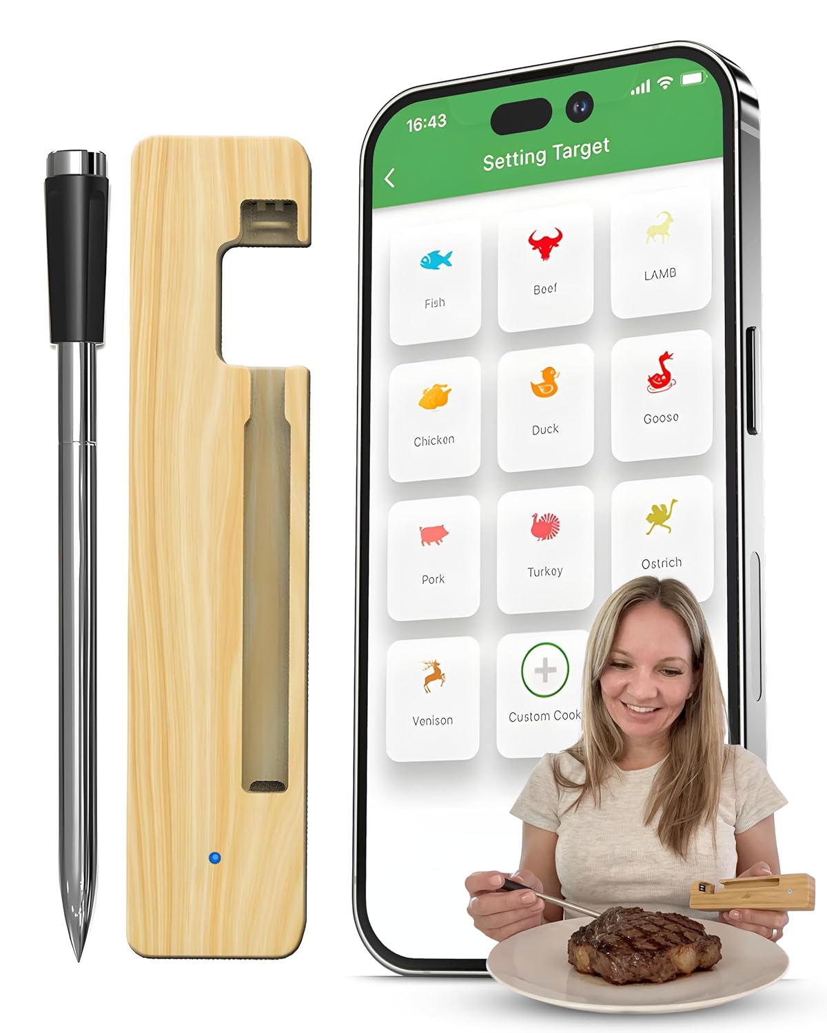 Grill Sync Wireless Meat Thermometer for Grilling, Smoking, Bluetooth | Dual Sensor Probe, Smart App Control for Grill, Smoker, Oven, Air Fryer, Waterproof Probe, USB-C Charging Case, Cooking