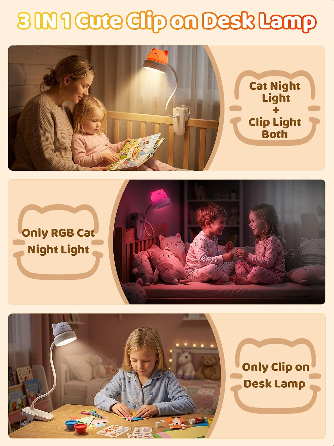 Cat Lamp,Dimmable RGB Clip on Light,Cute Desk Lamp Rechargeable Night Light | 4000mAh Battery Desk Lamp with Clamp,Cordless & Wireless Clip on Night Light for Kids/Toddle/Baby,Bed Headboard/Bedside/Table