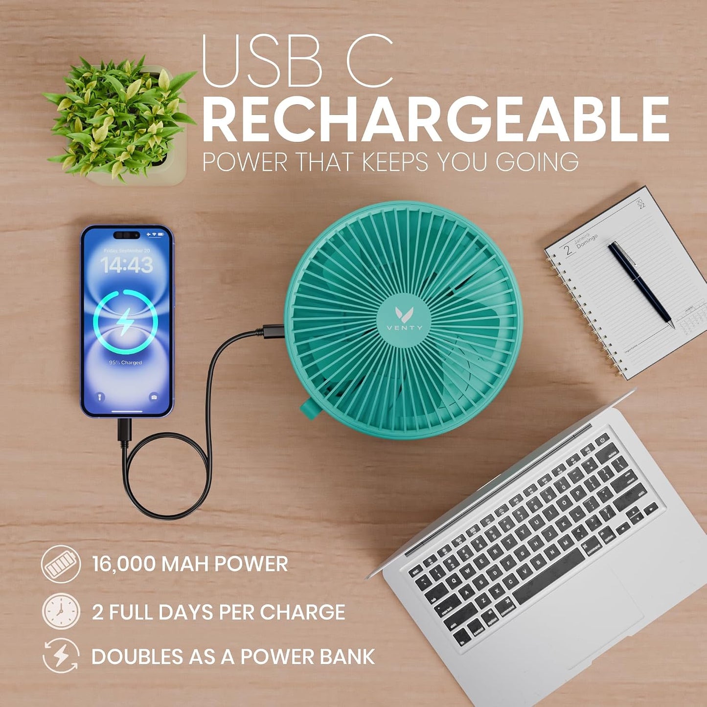 VENTY Portable Fan - Wireless Battery Operated Fan - 4 Speeds - LED Lighting - Carry Case & Remote Control - Cruise Travel - Outdoor Travel RV Power Bank With USB-C Port (Mint with Case)