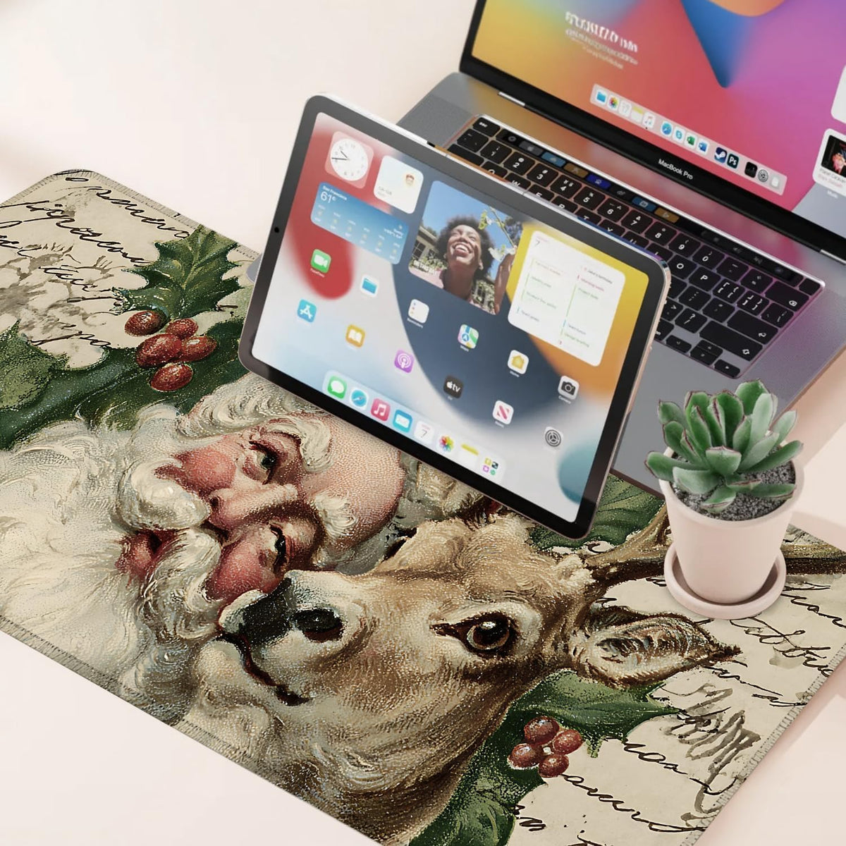 Desk Mat, XXL Extended Gaming Pad for Desktop, 31x12 Inches Santa and Reindeer Classic Scene, Large Non-Slip Vegan Leather Keyboard Mouse Mat for Home Office