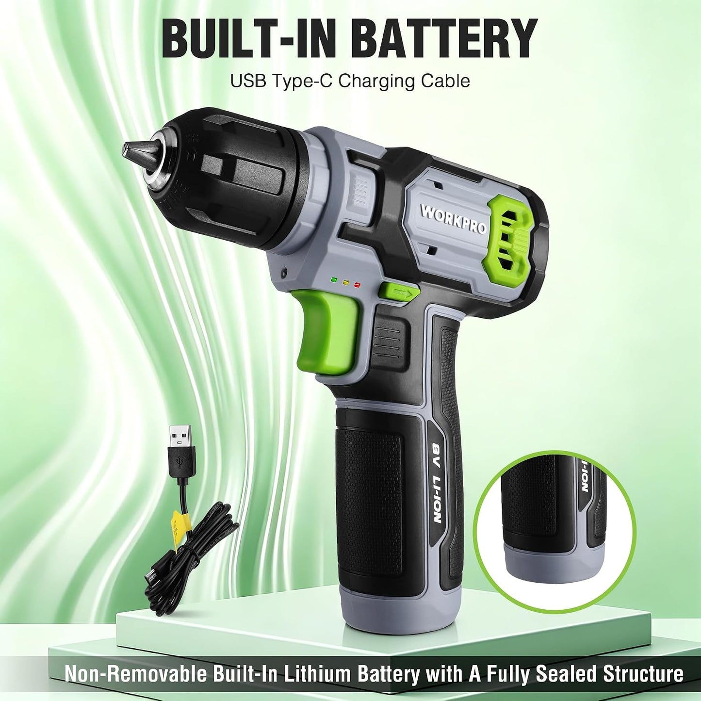 WORKPRO Power Drill Bit Set with Tool Box, 8V Cordless Drill Driver | Cordless Screwdriver Kit, 21pcs Accessories, 3/8" Keyless Chuck, 2.0Ah Battery, Portable for DIY