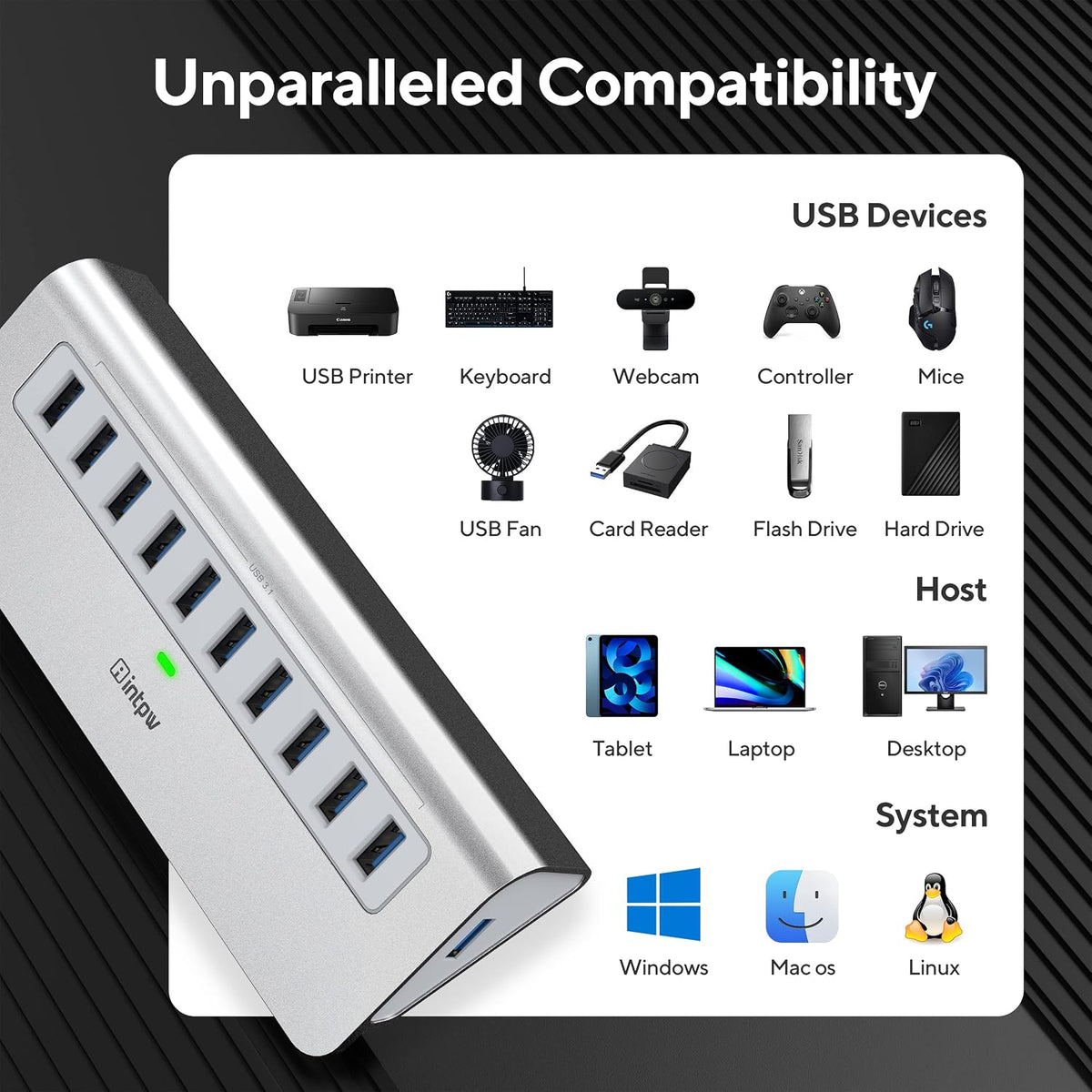 Powered USB Hub 10Gbps, intpw USB Port Hub with 10 Port USB 3.1 Data, 36W Power Adapter, 3.3FT USB-A & USB-C Cables, Aluminum USB Hub for PC, Laptop, Mac, Desktop