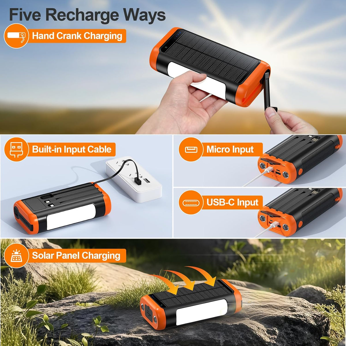 Solar Power Bank Portable Charger 66800mAh Battery Pack for Camping | Built Cables,Hand Crank,22.5W Fast Charging,Flashlights,Table Lamp,Compass,5 Outputs,5 Intput