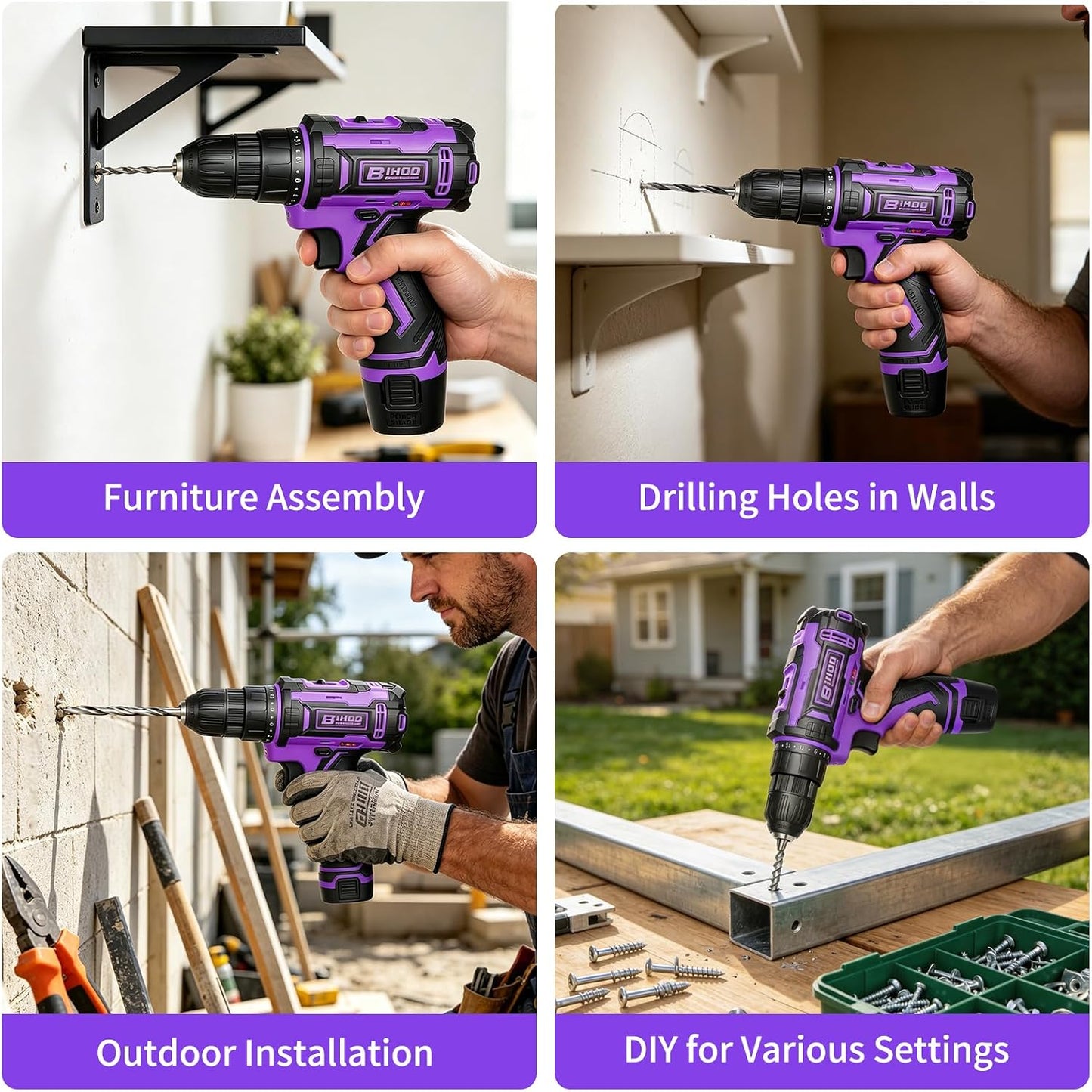 Purple 12V Cordless Drill with 3/8" Keyless Chuck for Gift for Men Women | 25+1 Torque Settings, 25Nm, 43Pcs Drill Bit Set, 0-1600 RPM Dual Speed, 2000mAh Li-ion, LED Light, Electric Screwdriver