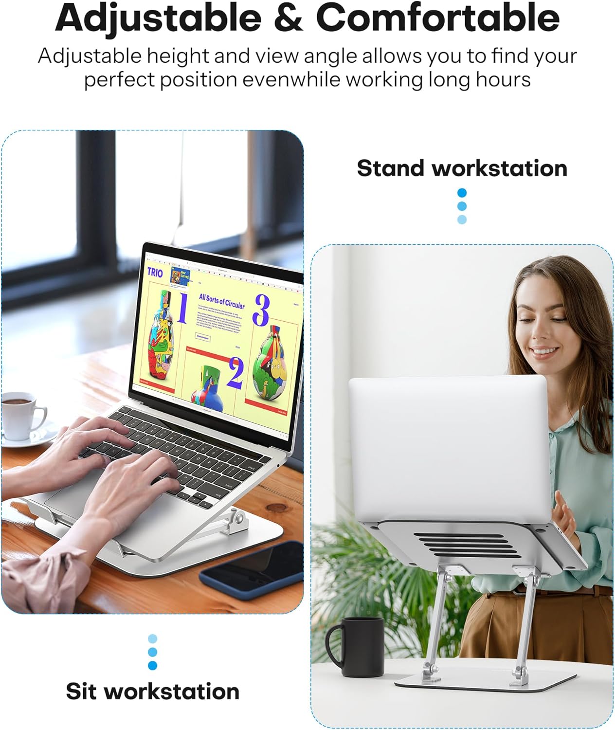 OMOTON Laptop Stand, Adjustable Metal Foldable Riser 10-17.2", Silver | Ergonomic Cooling Laptop Holder, Height Adjustable to 270mm for Sit-Stand, Portable Travel