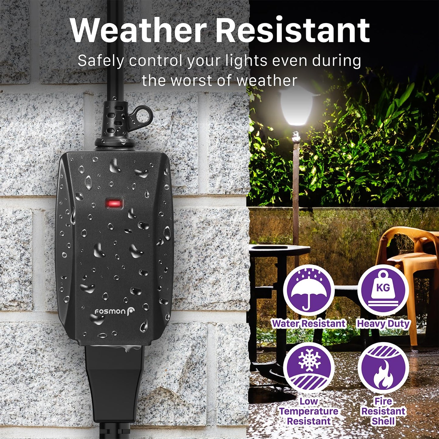Fosmon Outdoor Indoor Remote Control Outlet with 2 Wireless Remotes, Electrical Plug in Light Switch Weatherproof, 15 A Heavy Duty 3-Prong Plugs Outlets for Outside Lighting, 100 FT Range- ETL Listed
