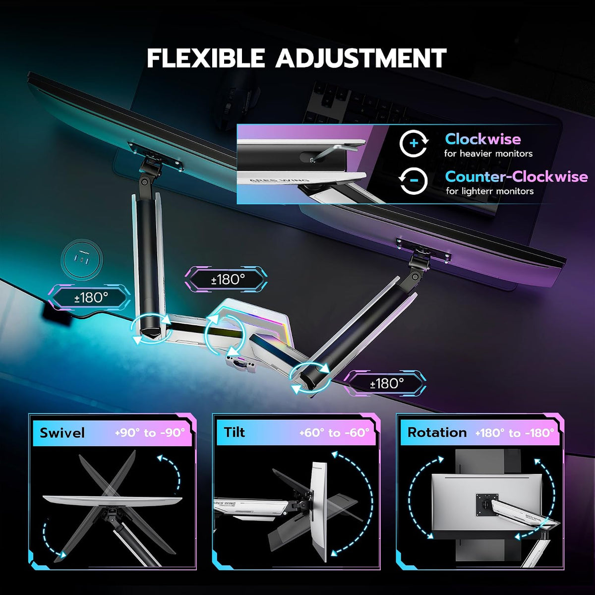 ARES WING RGB Dual Monitor Arm Desk Mount for 17-38 inch Monitors, Grey