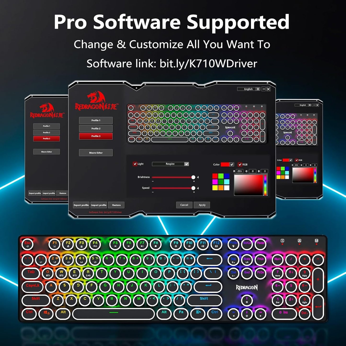Redragon Wireless Typewriter Style Mechanical Gaming Keyboard, Black | Bluetooth/2.4Ghz/Wired, RGB Led Backlit, Blue Switch - Clicky, Rechargeable 4000mAh, Solid Metal Panel, Round Keycaps