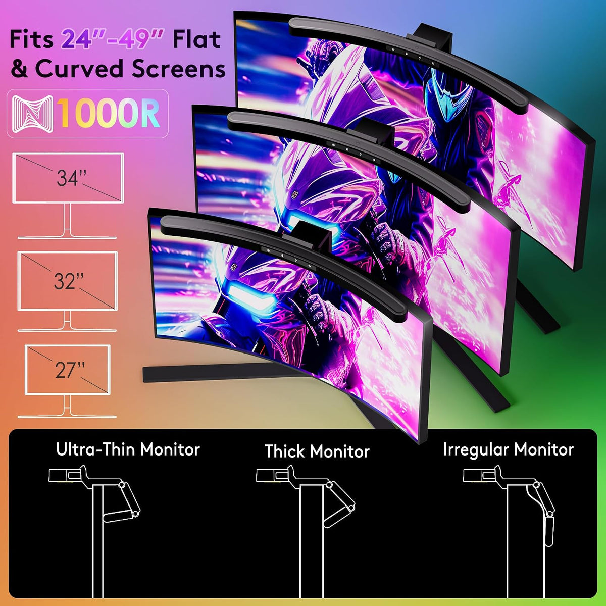 Quntis 17.7'' Curved Monitor Light Bar RGB Backlight with Music Sync, Black