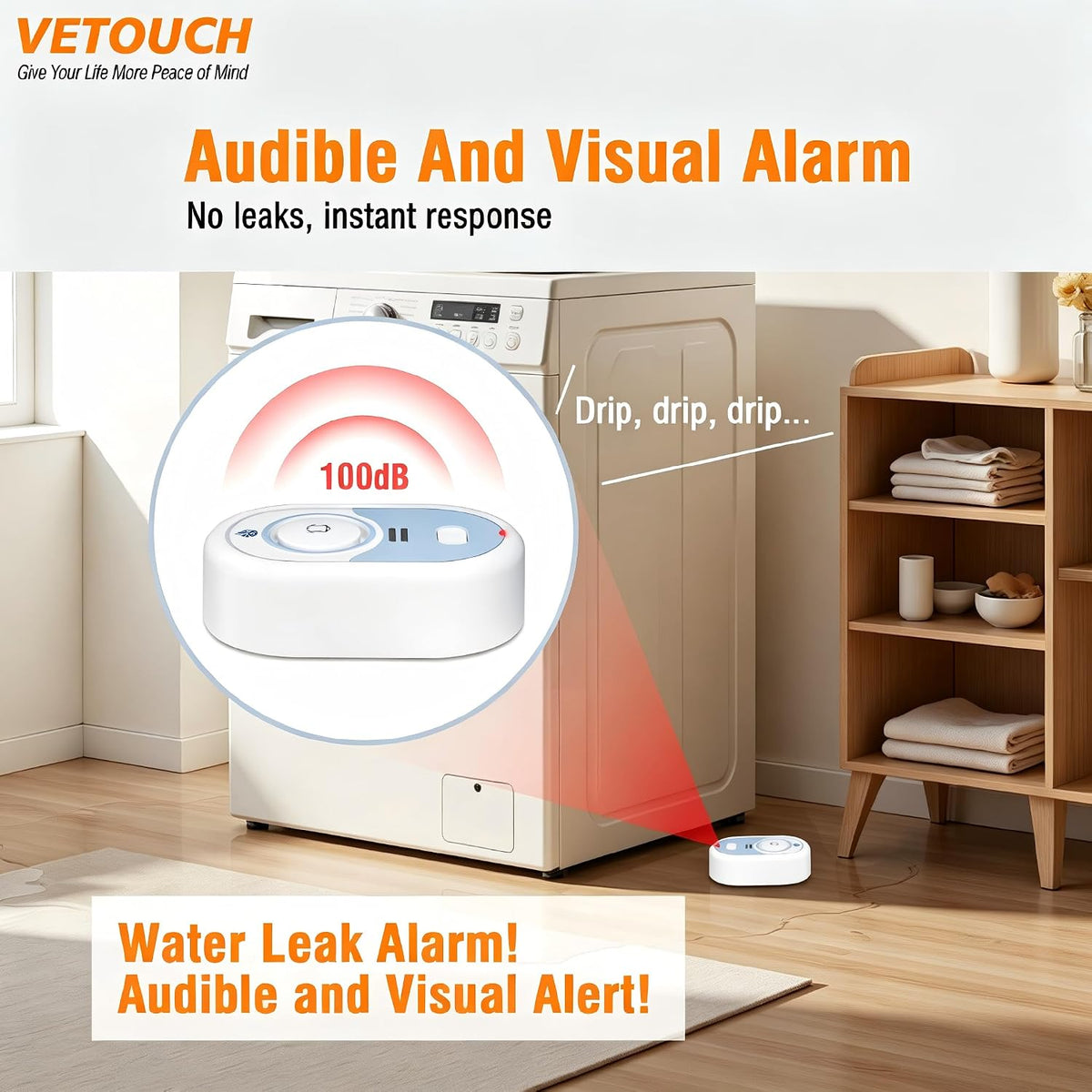 Water Leak Detector with Loud Alarm, 100dB Siren & LED Flash, Water Sensor Alarm for Home, Basement, Sump Pump, Kitchen, Bathroom, RV, Water Heater, Indoor Outdoor 5-Pack