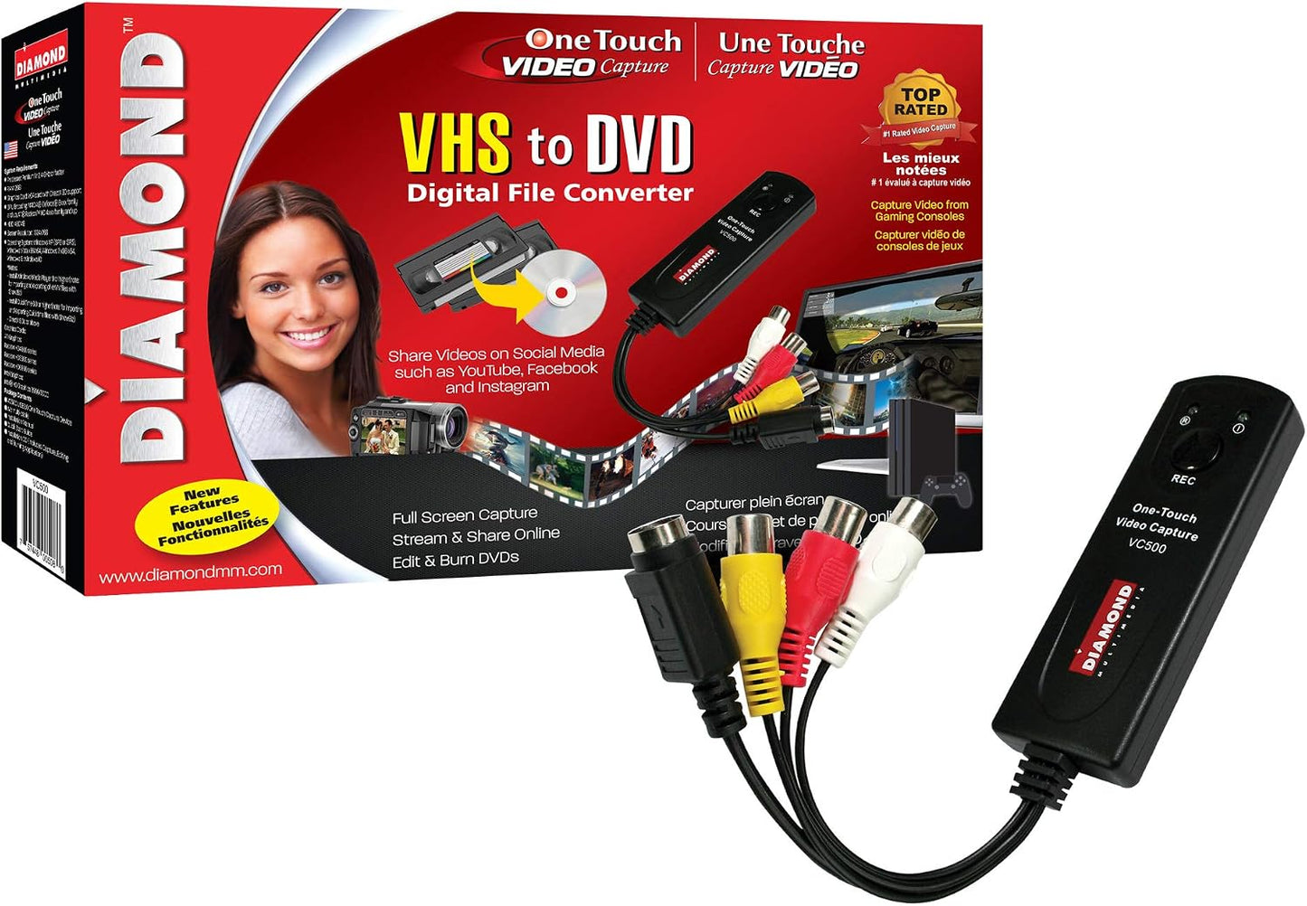 Diamond Multimedia VC500 One Touch VHS to Digital Converter – Capture & Convert VHS to Digital Files or DVD, Easy-to-Use Software, Windows 11,10 & Mac Compatible