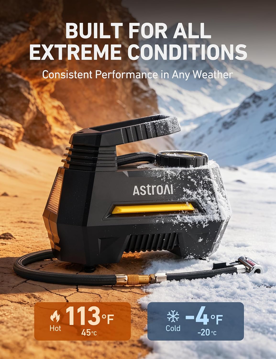 AstroAI AIRUN H Tire Inflator Portable Air Compressor, 12V DC Tire Inflator, Auto Shut-Off with Digital Pressure Gauge & LED Light, Fast Inflation for Car, Motorcycle, Bike Tires, 9.8Ft Cord, Yellow
