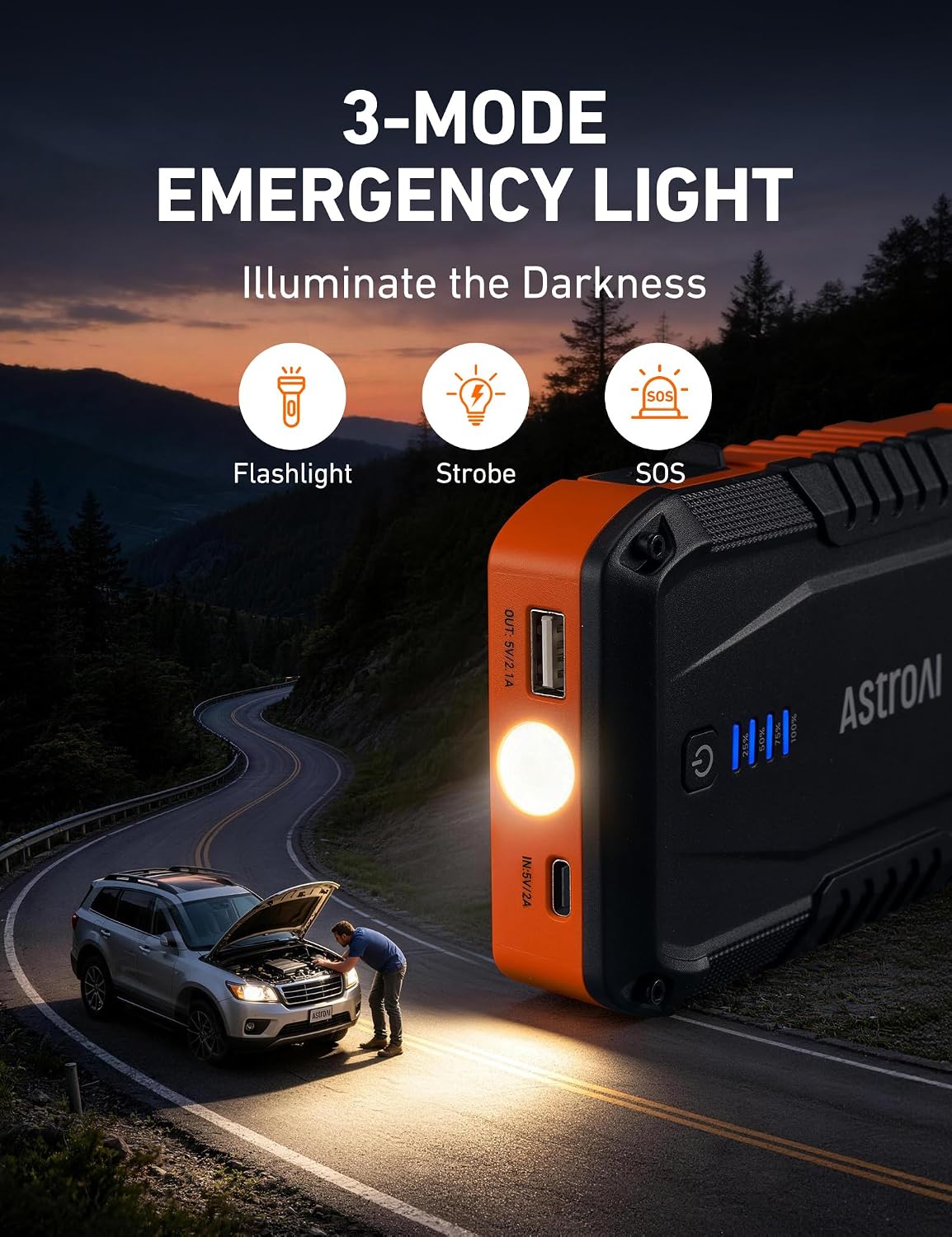 AstroAI S8 Car Battery Jump Starter 1500A – Portable 12V Lithium Jump Box with 3 Mode Flashlight, Power Bank & Smart Jumper Cables - for 6.0L Gas and 3.0L Diesel Engine,Orange