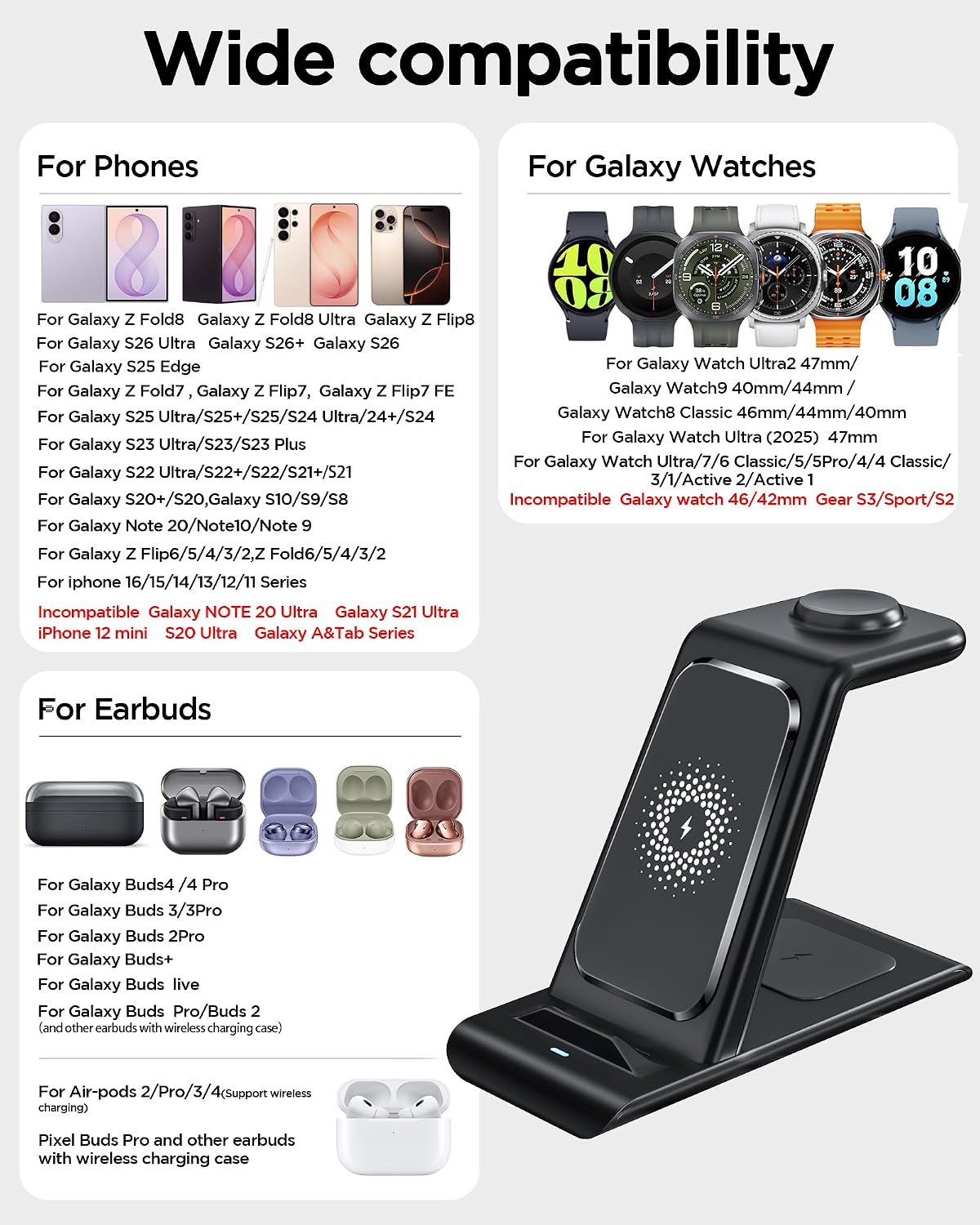 Wireless Charging Station for Samsung Galaxy Watch 9/8/7/6/5/4/3,S26 Ultra, Wireless Charger Samsung Phone Stand for Galaxy S25/S24/S23/S22/Note,Watch Ultra2,Buds4/4 Pro/3/2 Pro/Live Multiple Devices